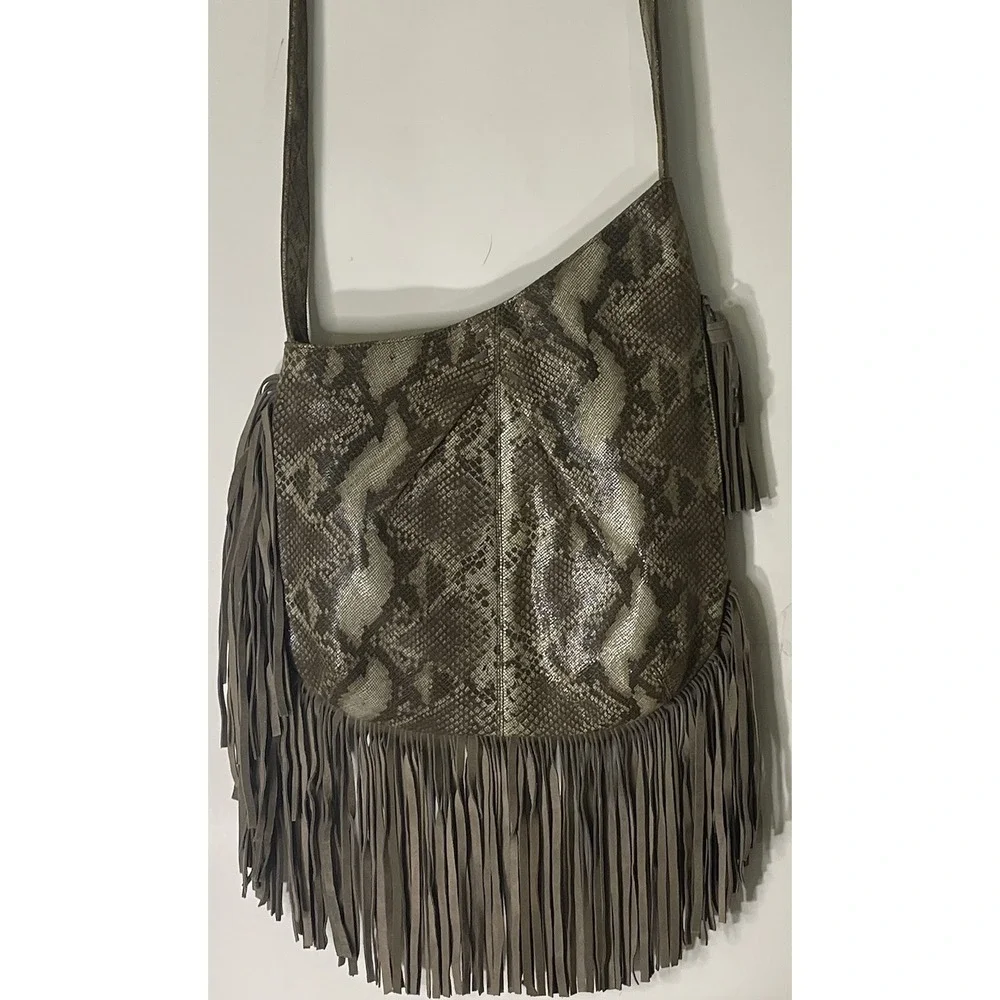 Camila Alves MUXO Python Embossed Suede Fringe Hobo Shoulder Bag Brown Taupe